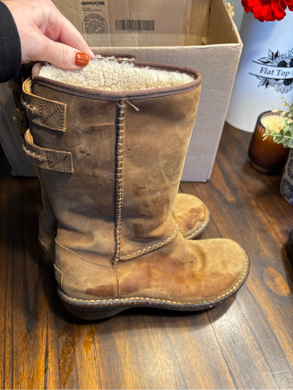 UGG Brown Leather Shearling-Lined Winter Boots